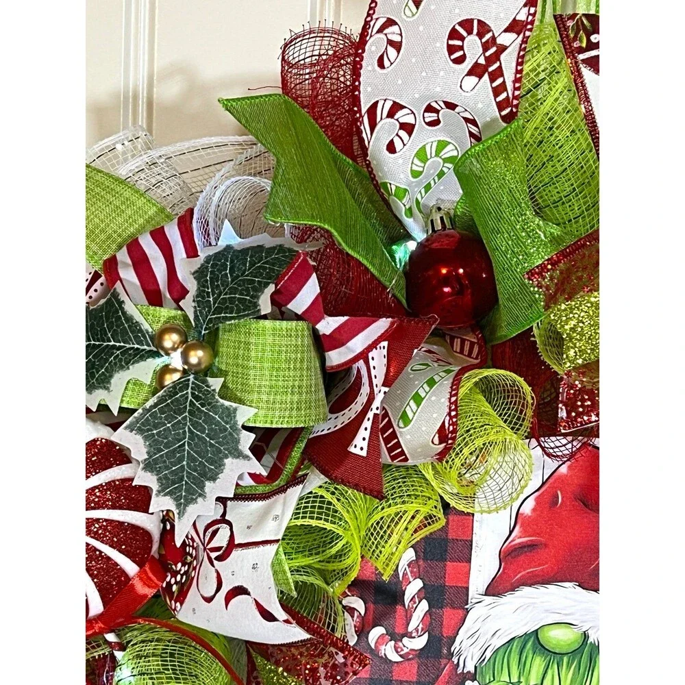 Handmade Christmas Gnome Holiday Ribbon LED Door Wreath 22” W69